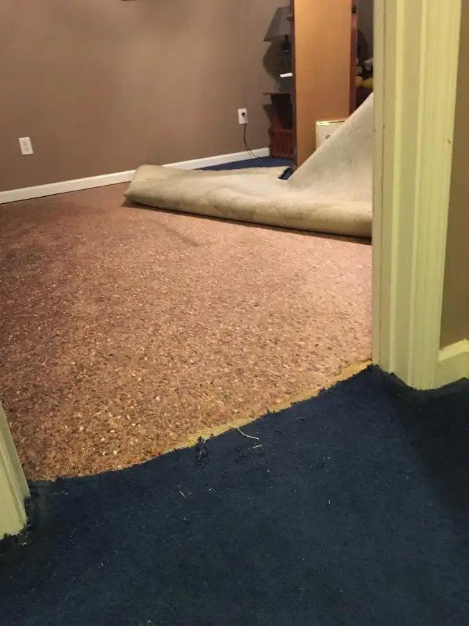 Carpet pad removal revealing water damage during Water Mitigation Services in Fort Rucker